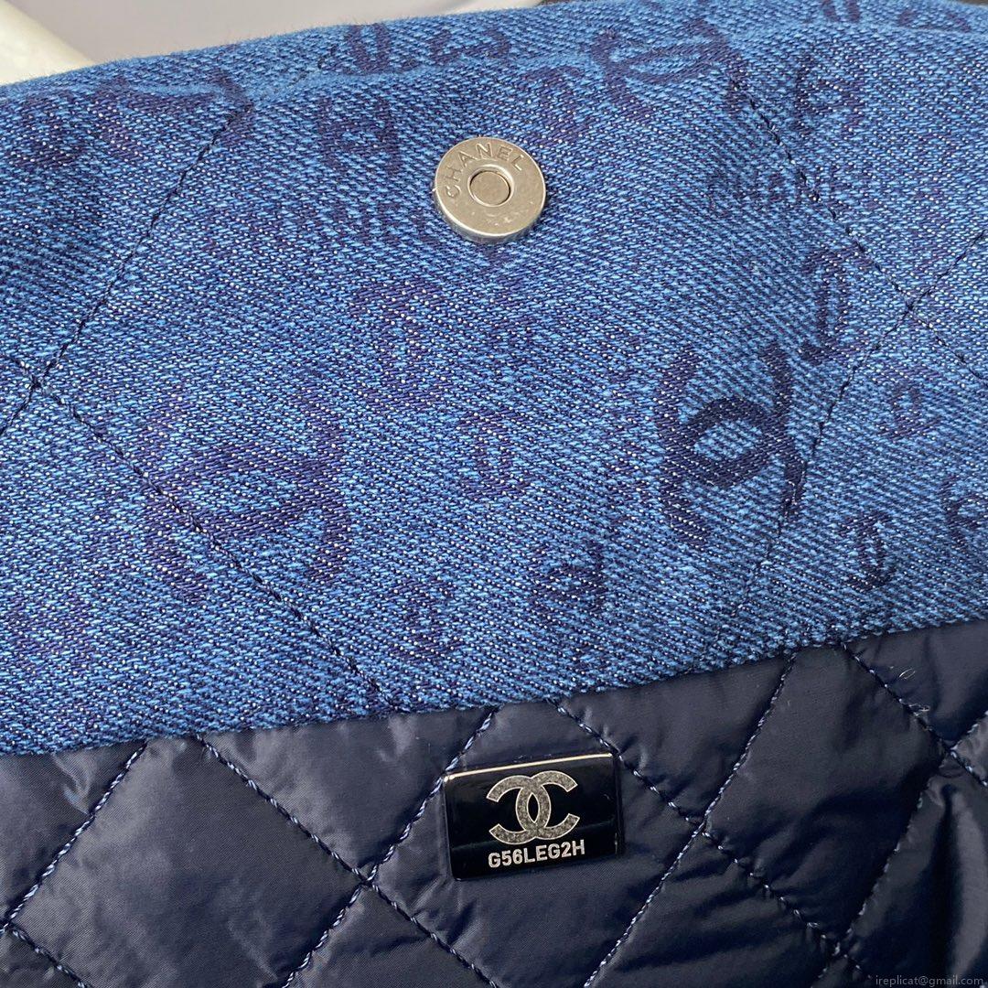 Chanel 22 Handbag Silver-Tone Metal Canvas AS3260 Blue denim