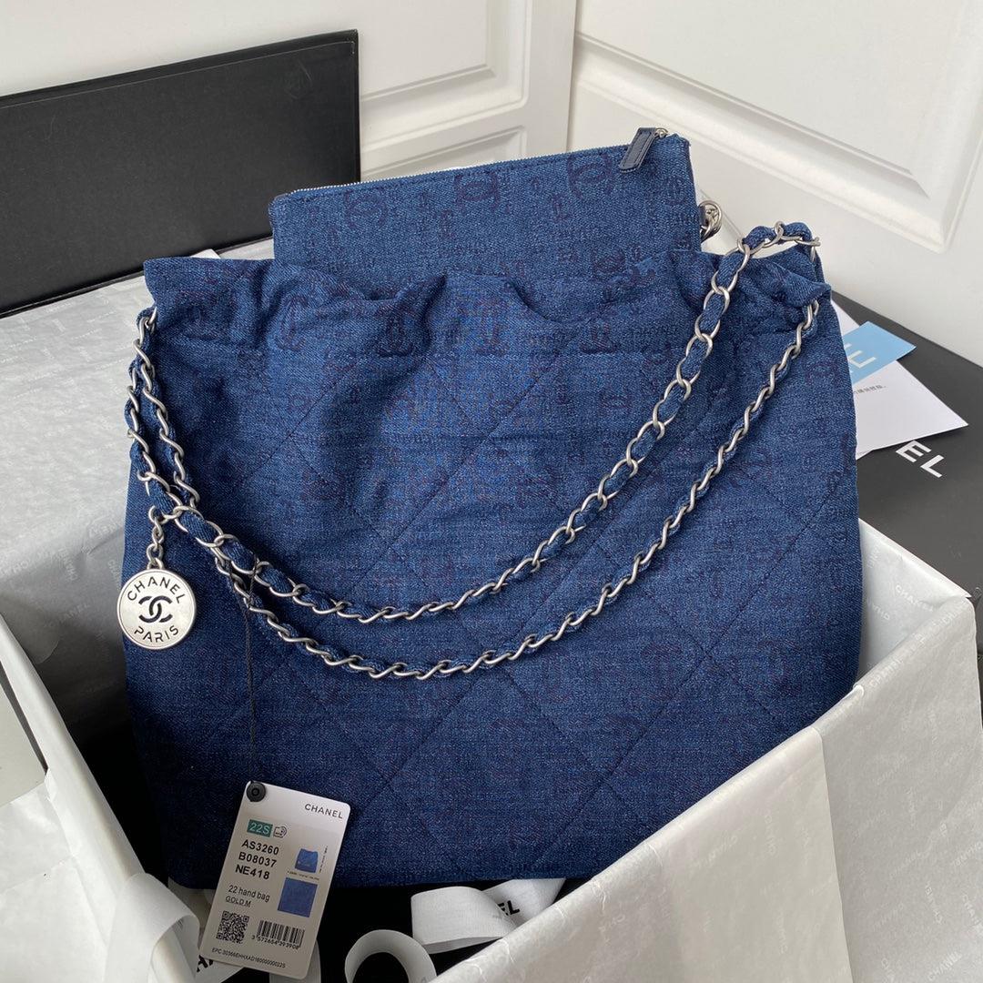 Chanel 22 Handbag Silver-Tone Metal Canvas AS3260 Blue denim