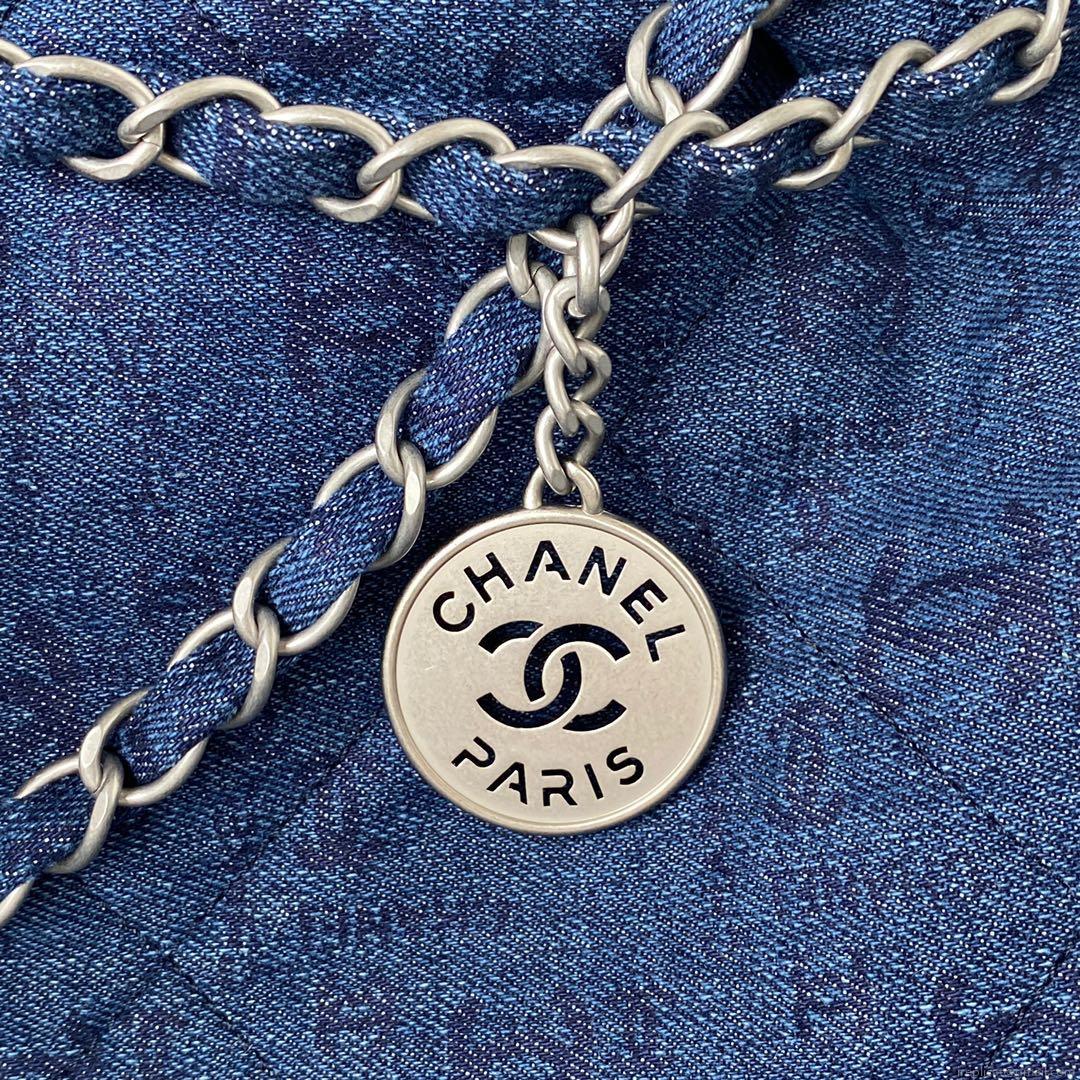 Chanel 22 Handbag Silver-Tone Metal Canvas AS3260 Blue denim