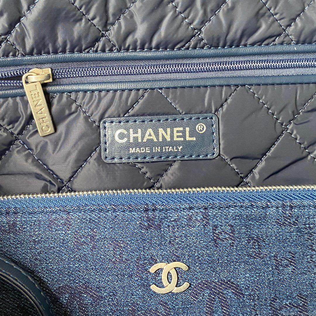 Chanel 22 Handbag Silver-Tone Metal Canvas AS3260 Blue denim