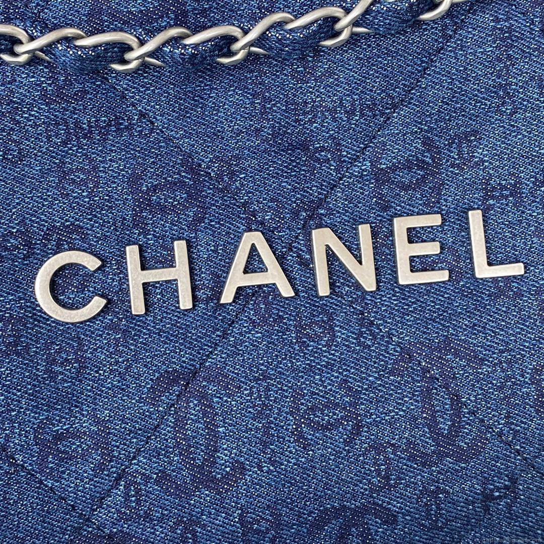 Chanel 22 Handbag Silver-Tone Metal Canvas AS3261 Blue denim
