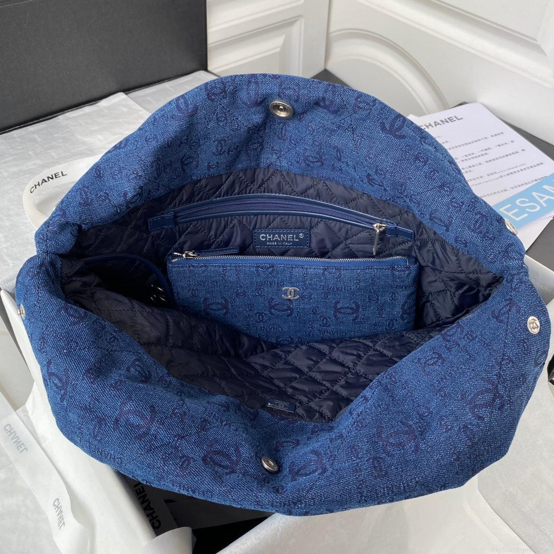 Chanel 22 Handbag Silver-Tone Metal Canvas AS3261 Blue denim