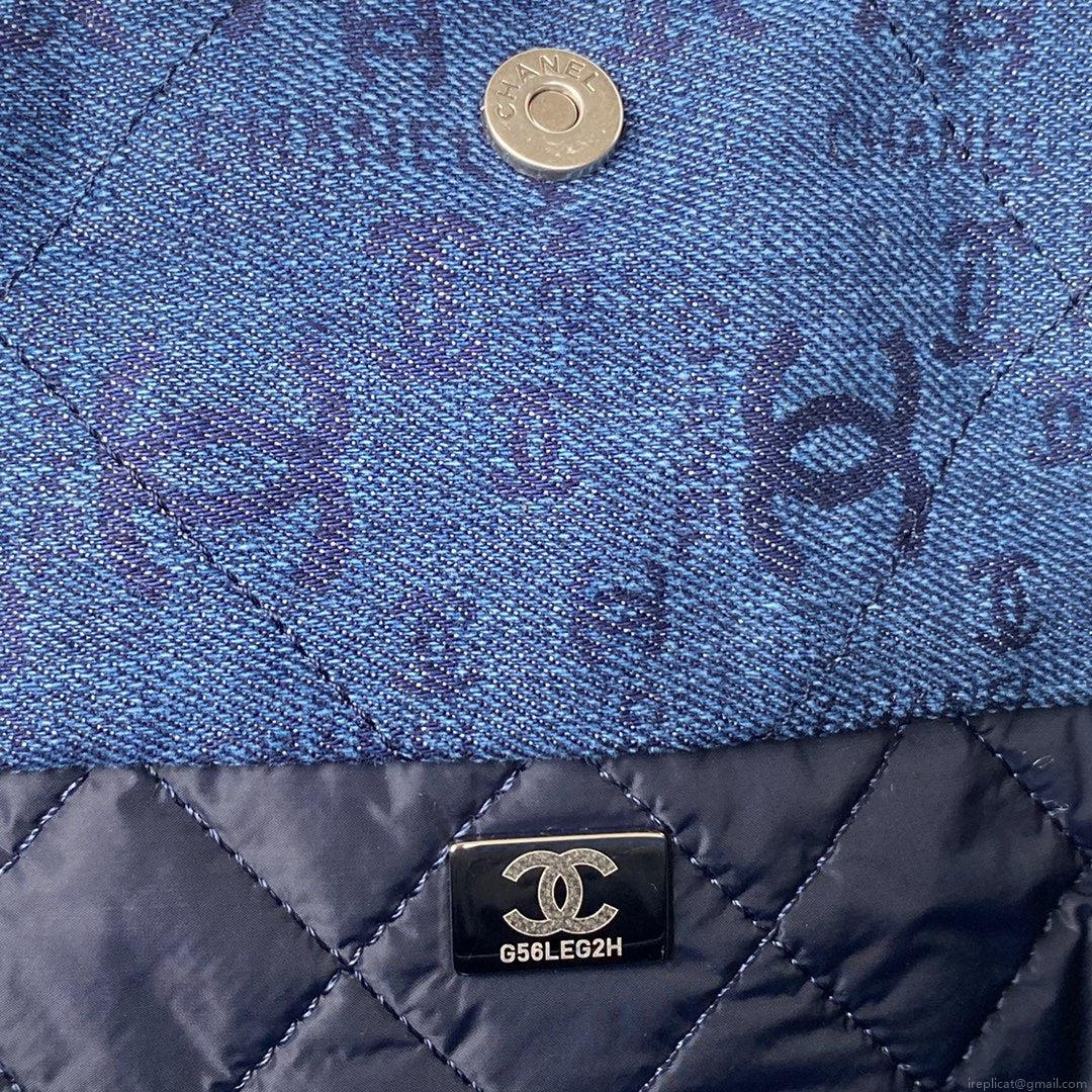 Chanel 22 Handbag Silver-Tone Metal Canvas AS3261 Blue denim
