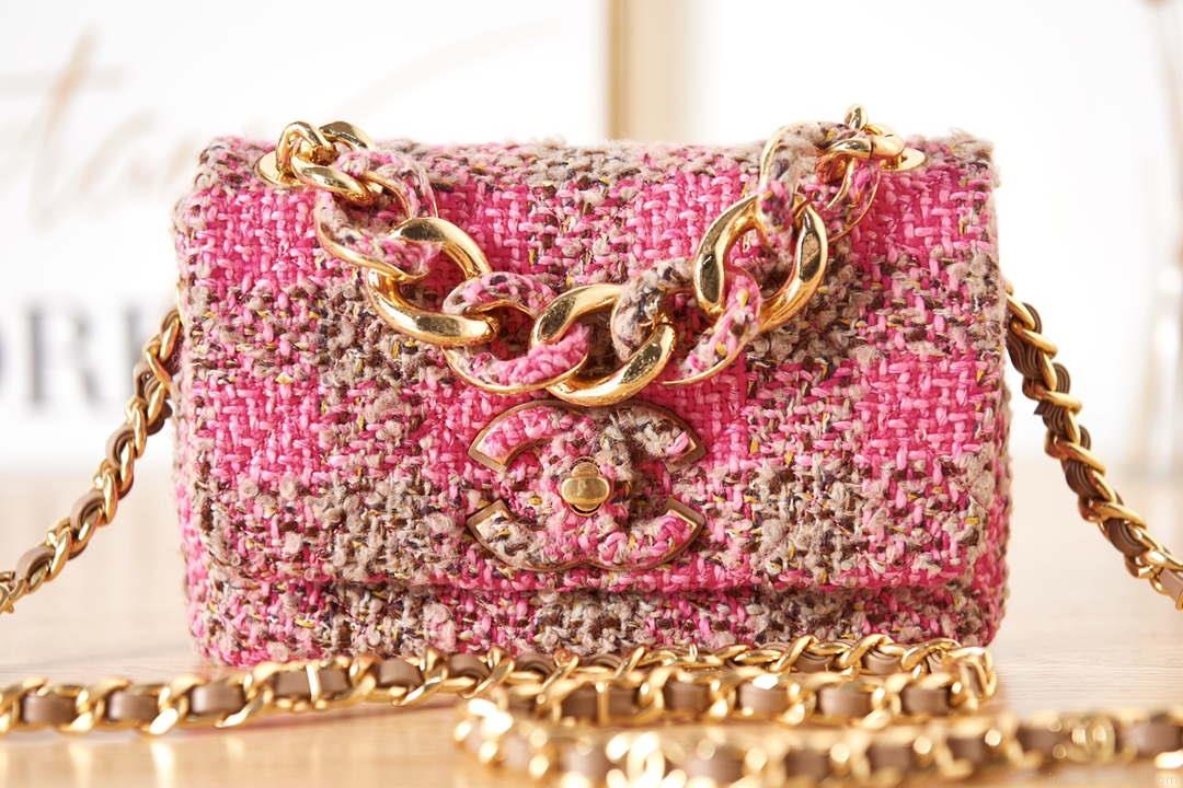 Chanel AS3611 Small Flap Bag Wool Tweed & Gold-Tone Metal Pink & Brown
