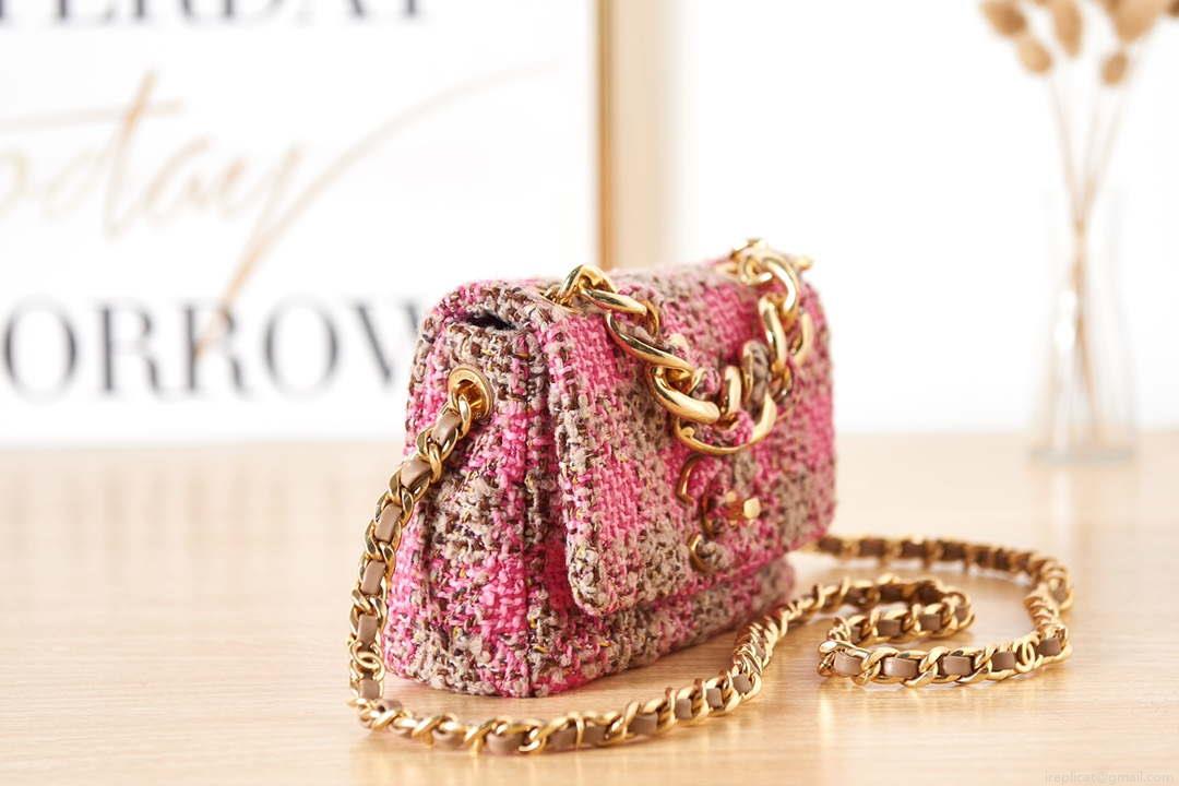 Chanel AS3611 Small Flap Bag Wool Tweed & Gold-Tone Metal Pink & Brown