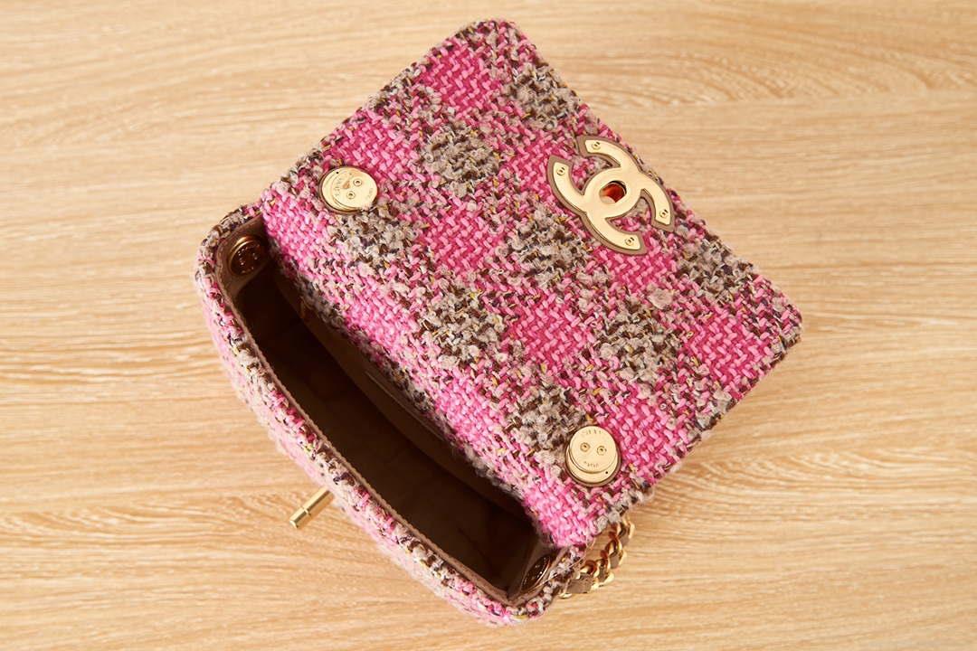 Chanel AS3611 Small Flap Bag Wool Tweed & Gold-Tone Metal Pink & Brown