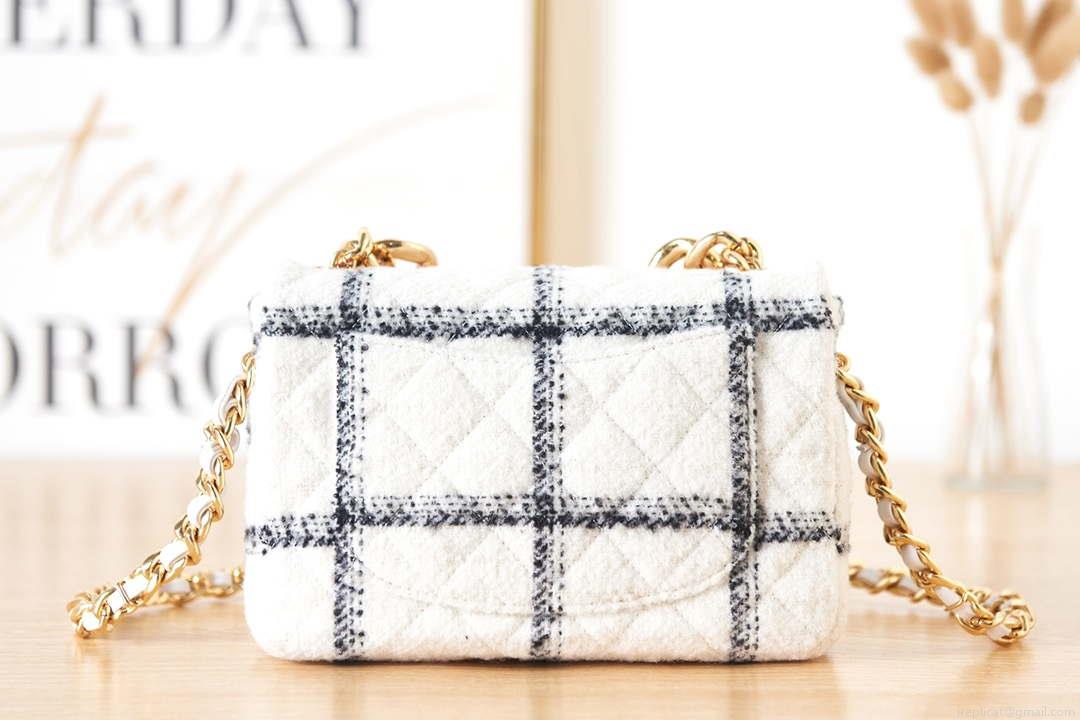 Chanel AS3611 Small Flap Bag Wool Tweed & Gold-Tone Metal White