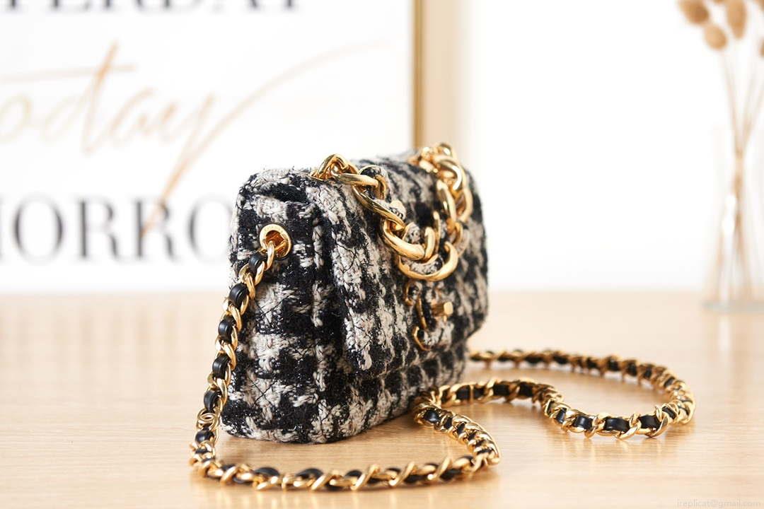 Chanel AS3611 Small Flap Bag Wool Tweed & Gold-Tone Metal Gray and Black