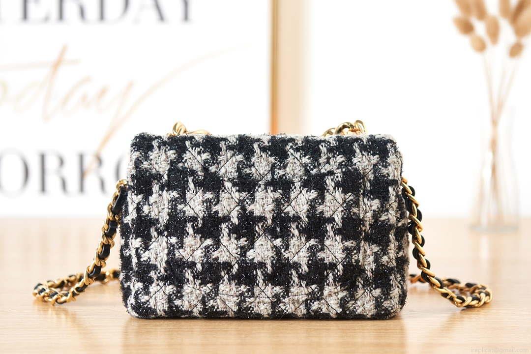 Chanel AS3611 Small Flap Bag Wool Tweed & Gold-Tone Metal Gray and Black