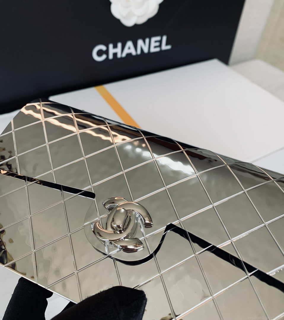 Chanel A8802 EVENING BAG Lambskin Sliver Metal Sliver