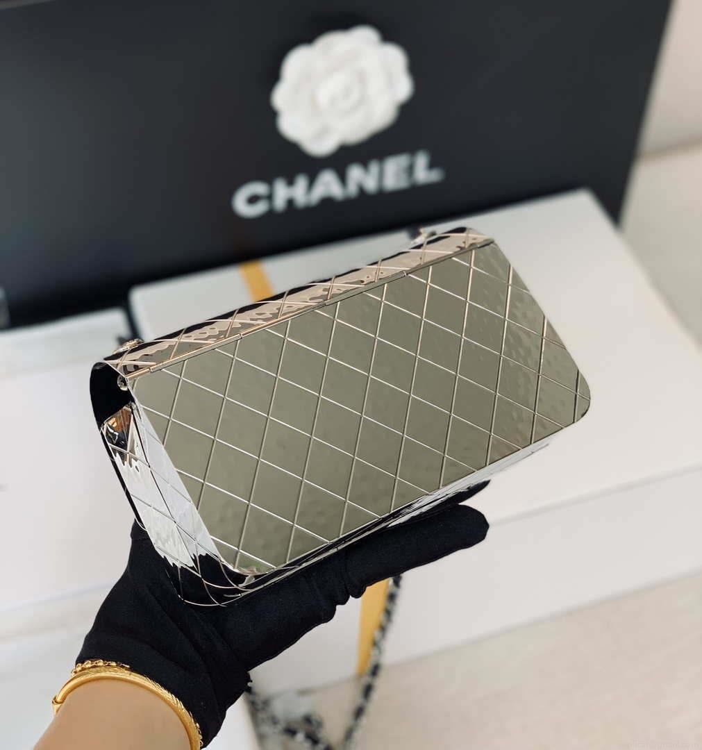 Chanel A8802 EVENING BAG Lambskin Sliver Metal Sliver