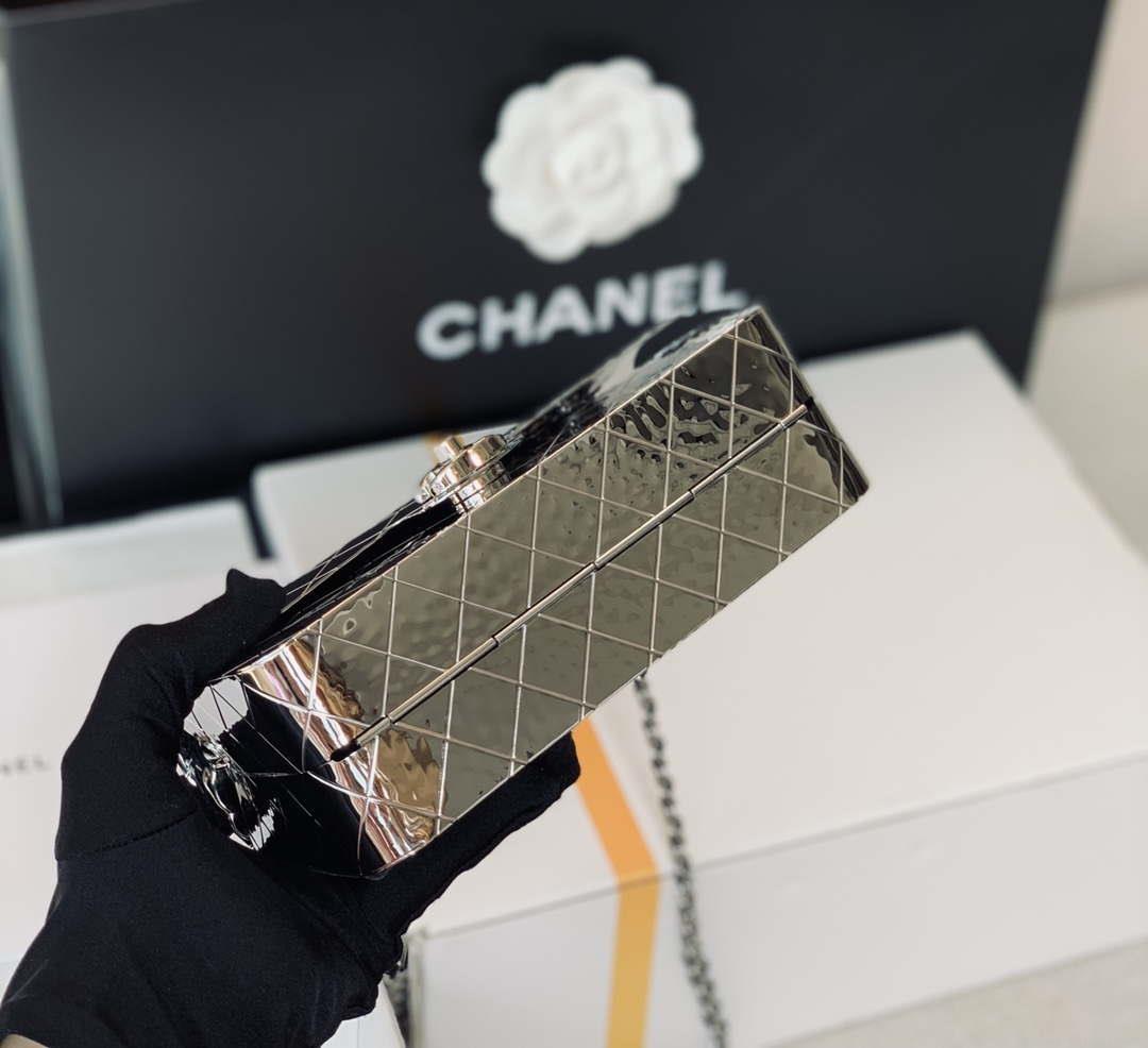 Chanel A8802 EVENING BAG Lambskin Sliver Metal Sliver