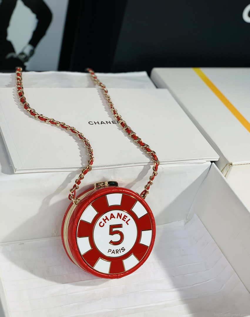 Chanel Ap3704 Clutch With Chain Lambskin Enamel & Gold-Tone Metal Red & White