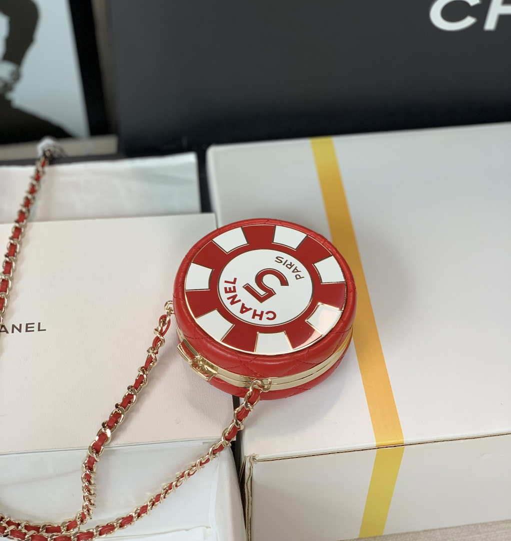 Chanel Ap3704 Clutch With Chain Lambskin Enamel & Gold-Tone Metal Red & White