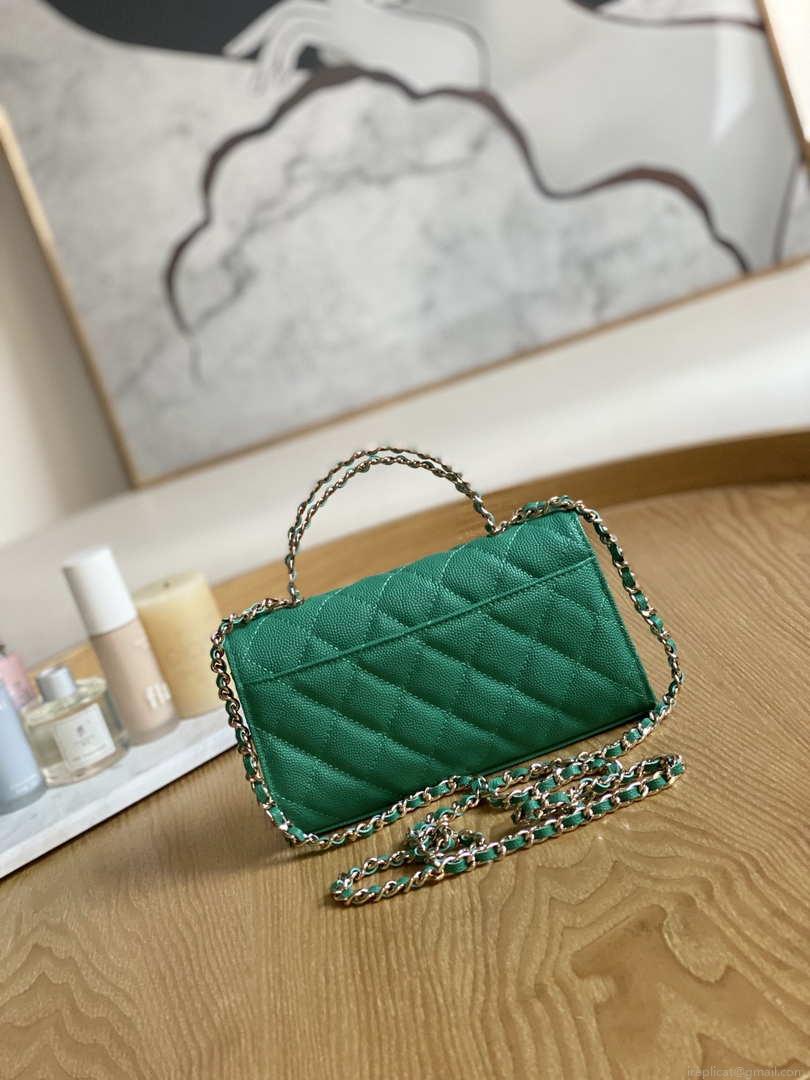Chanel AP3238 Flap Chain Bag With Handle Green Calfskin Gold