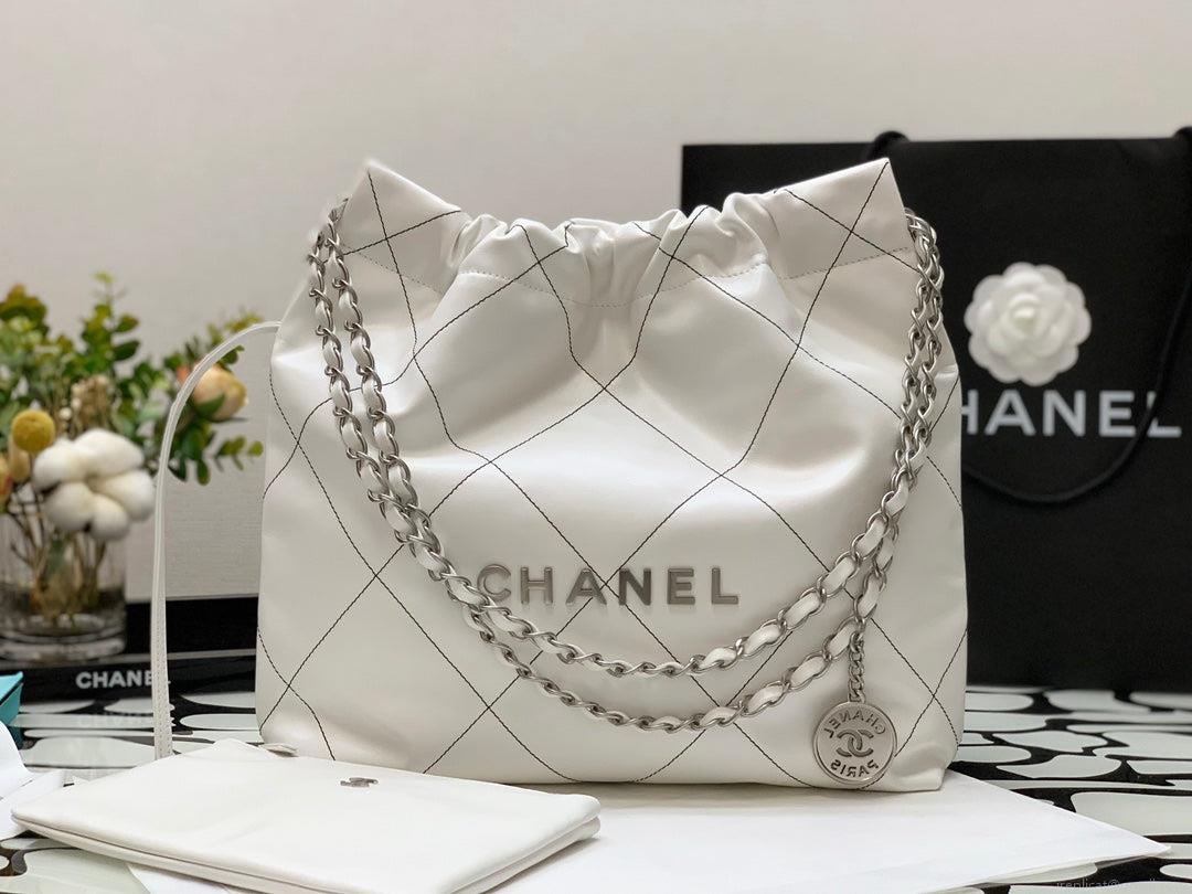 Chanel 22 Small Handbag Shiny Calfskin AS3260 White with Silver Logo