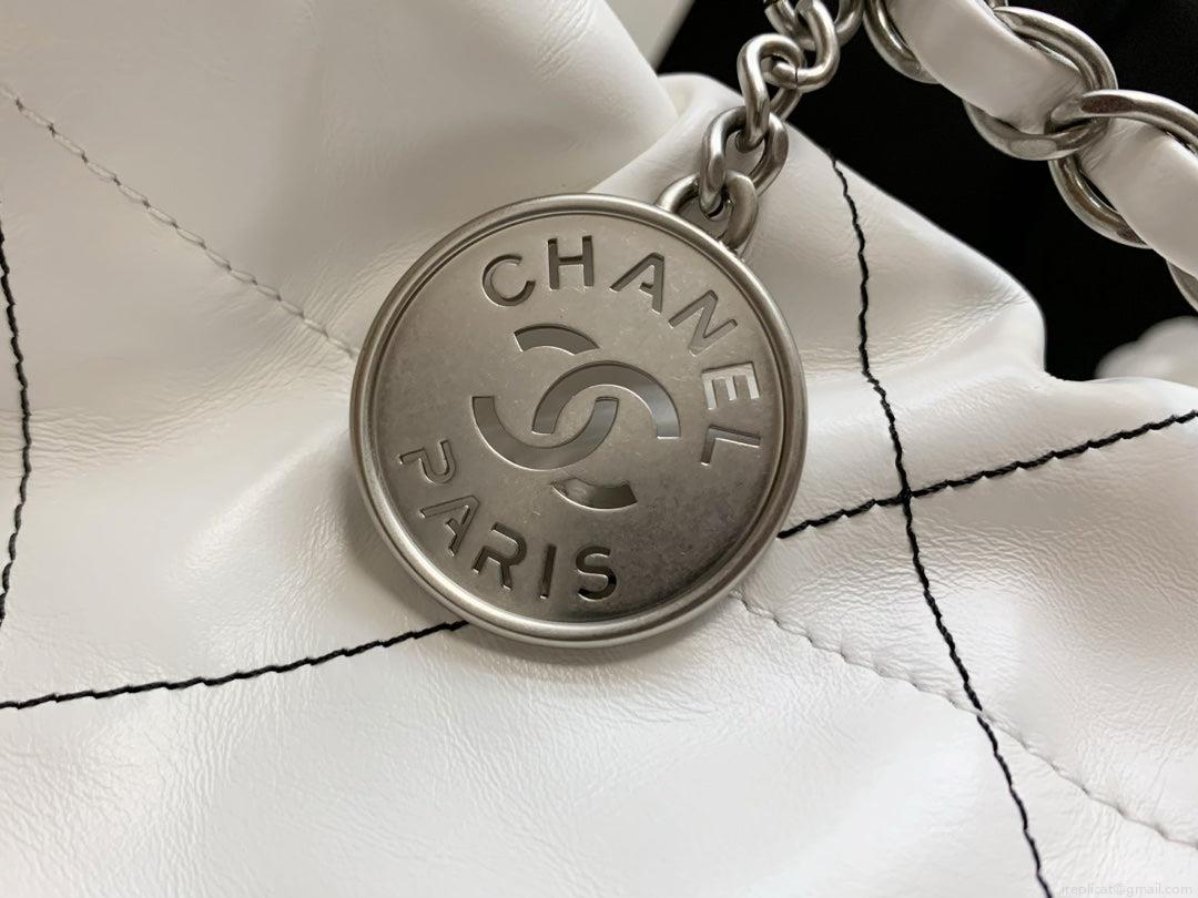 Chanel 22 Small Handbag Shiny Calfskin AS3260 White with Silver Logo