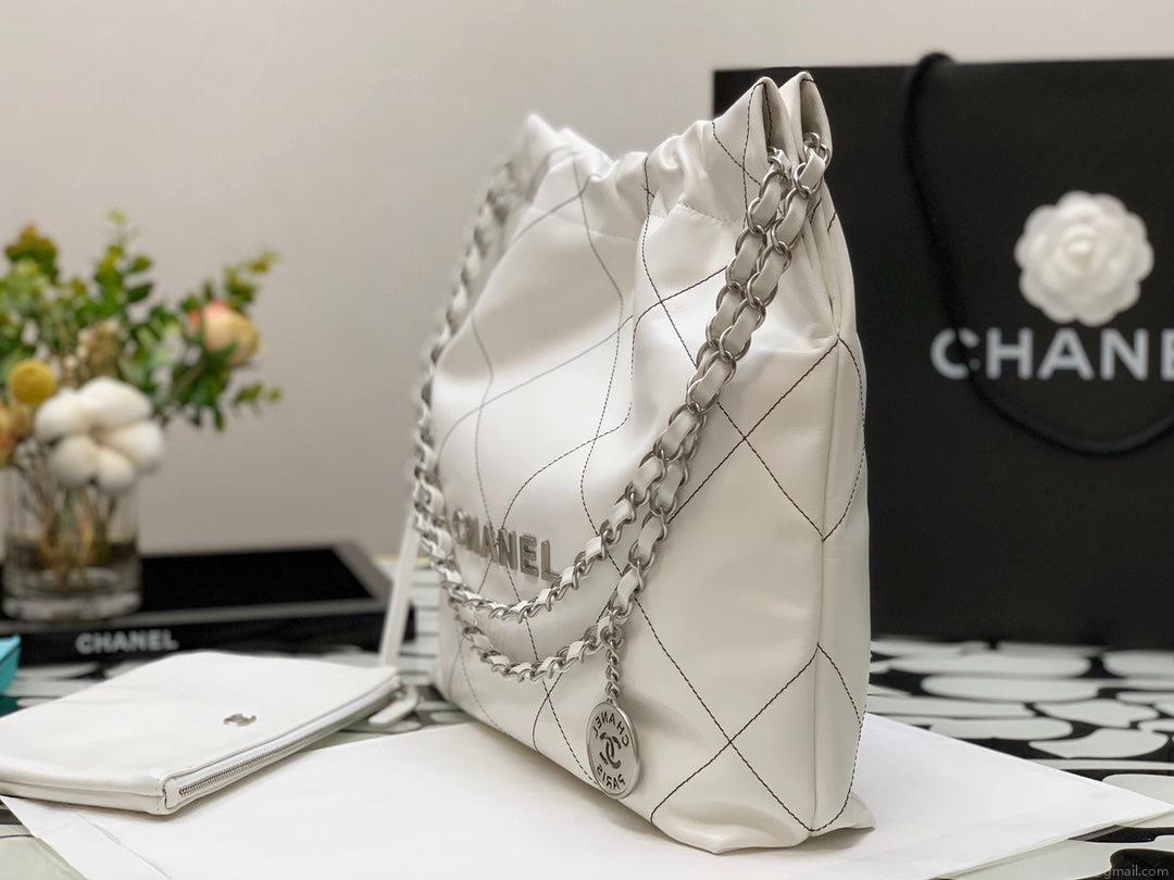 Chanel 22 Small Handbag Shiny Calfskin AS3260 White with Silver Logo
