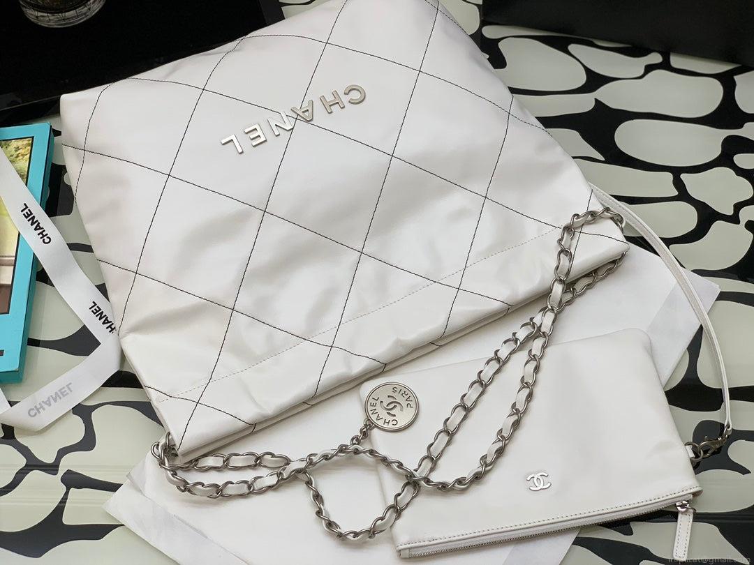 Chanel 22 Small Handbag Shiny Calfskin AS3260 White with Silver Logo