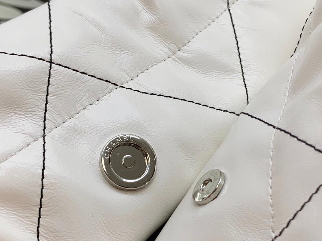 Chanel 22 Small Handbag Shiny Calfskin AS3260 White with Silver Logo
