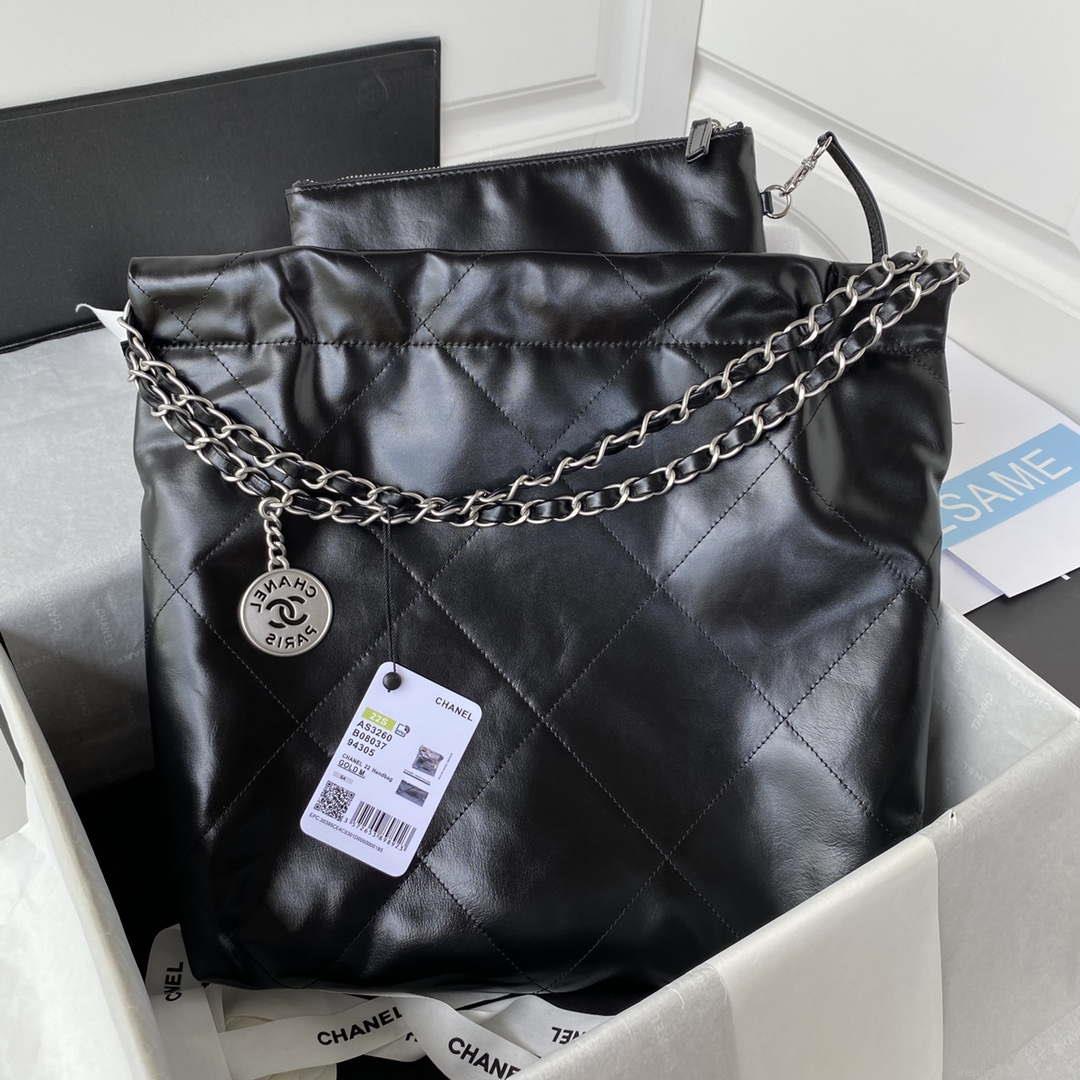 Chanel 22 Small Handbag Shiny Calfskin AS3260 Black with Silver Logo