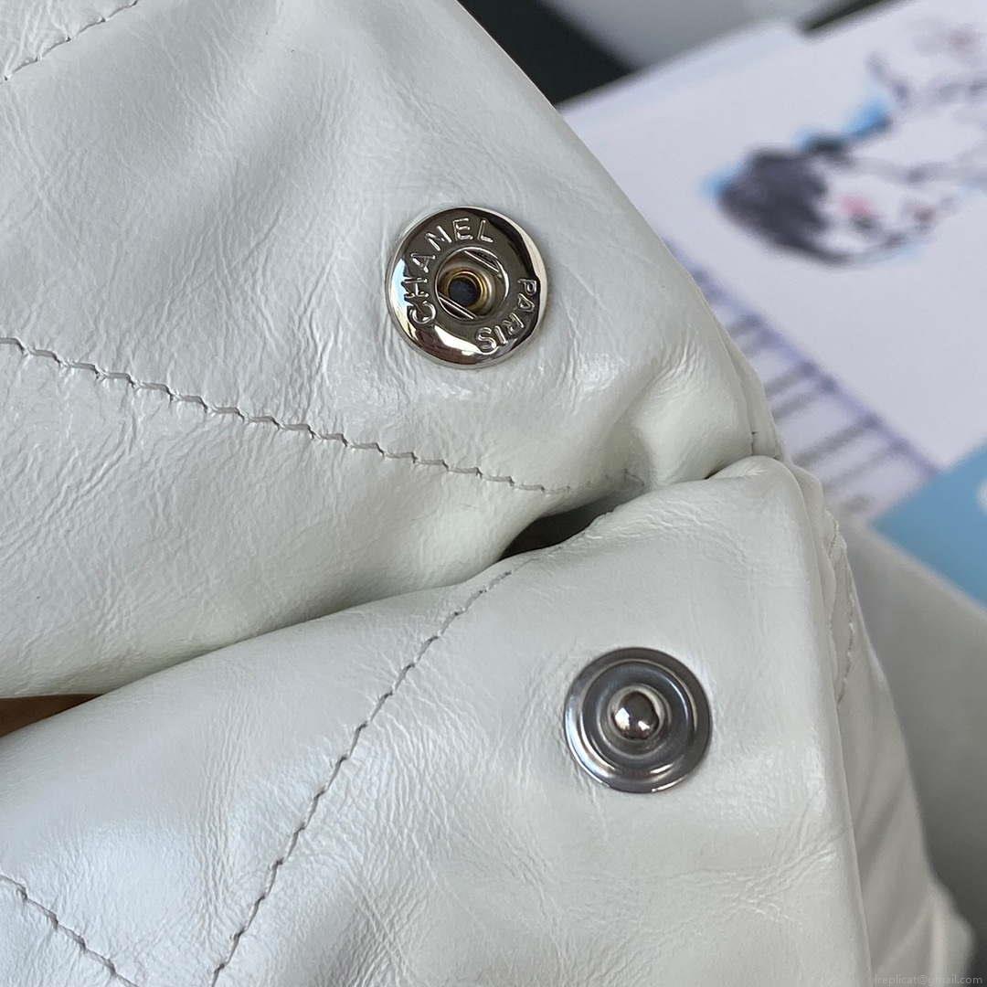 Chanel 22 Handbag Shiny Calfskin Gold AS3261 White with Silver Logo