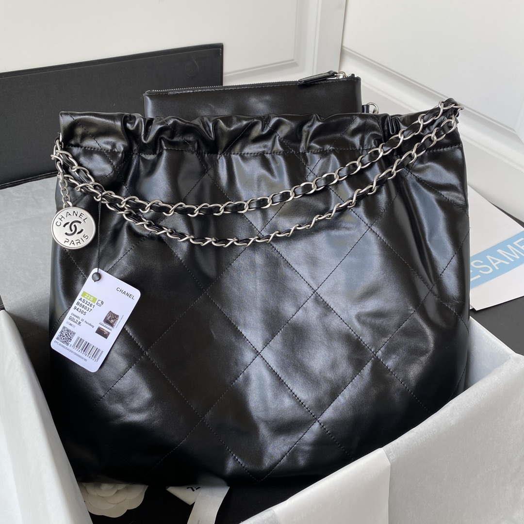 Chanel 22 Handbag Shiny Calfskin Gold AS3261 Black with Silver Logo