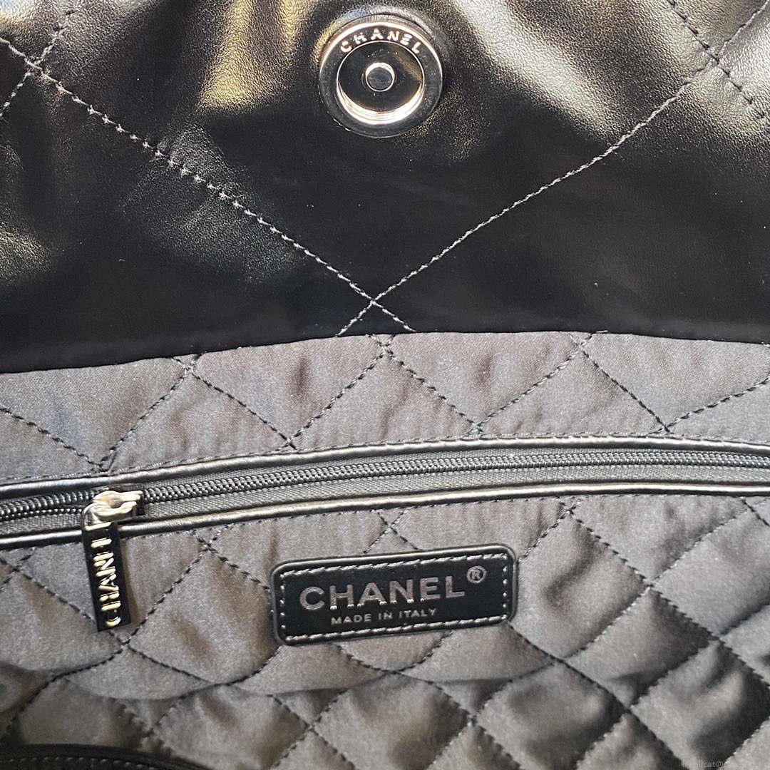 Chanel 22 Handbag Shiny Calfskin Gold AS3261 Black with Silver Logo