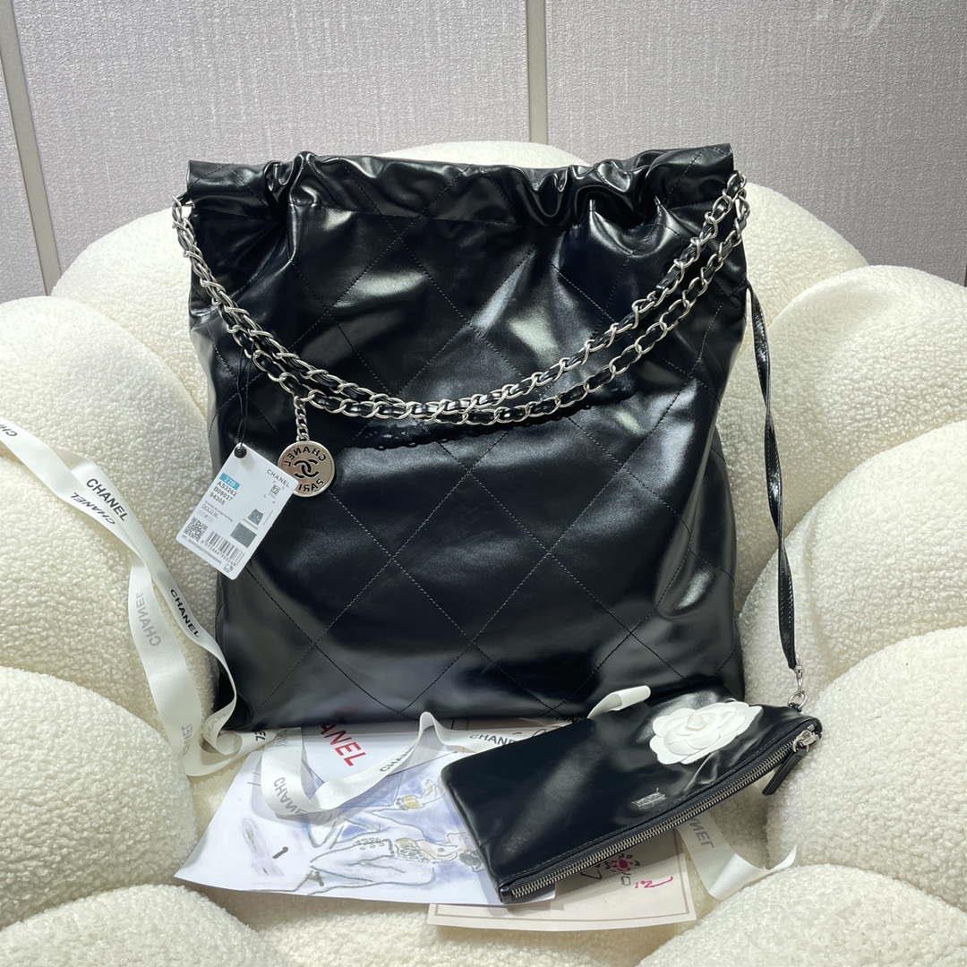 Chanel 22 Large Handbag Shiny Calfskin AS3262 Black with Silver Logo