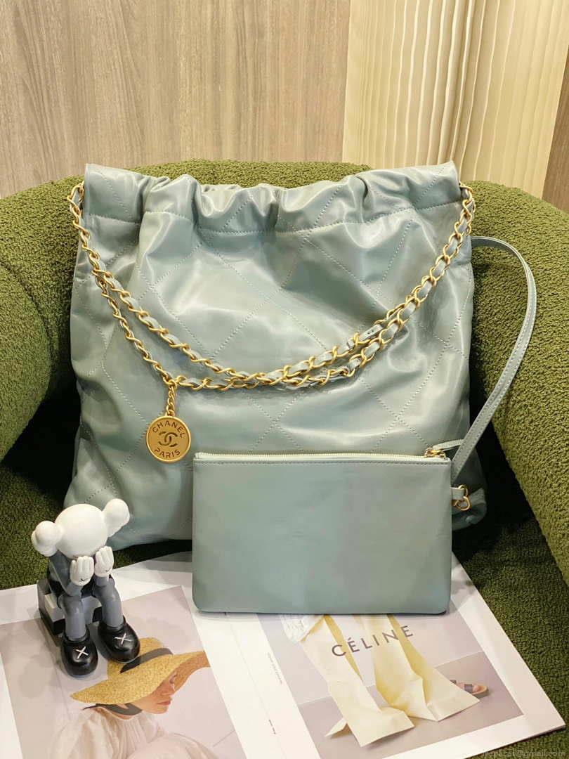 Chanel 22 Handbag Shiny Calfskin AS3261 Light Green Gold