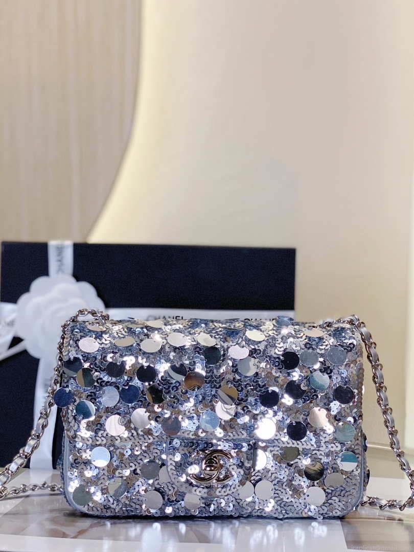 Chanel 23P limited edition new classic CF sequin bag Silver
