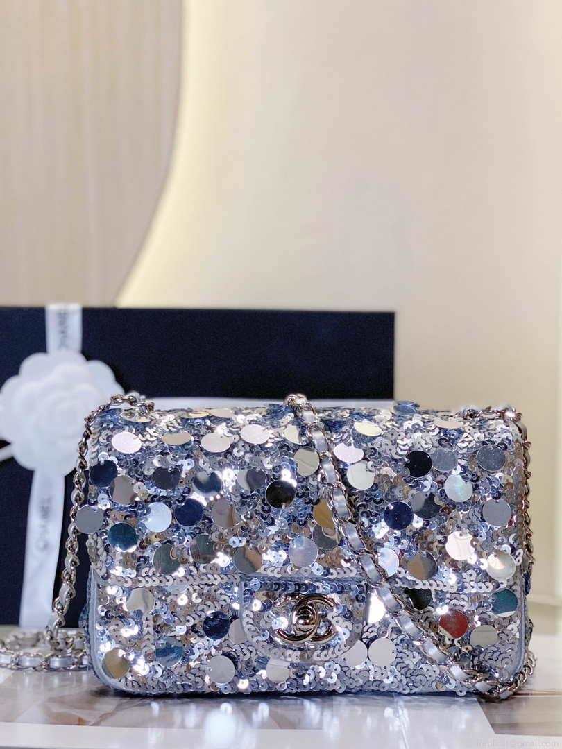 Chanel 23P limited edition new classic CF sequin bag Silver