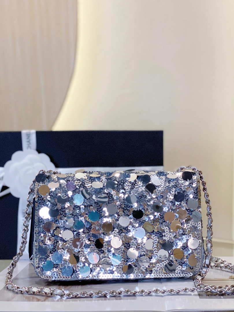 Chanel 23P limited edition new classic CF sequin bag Silver