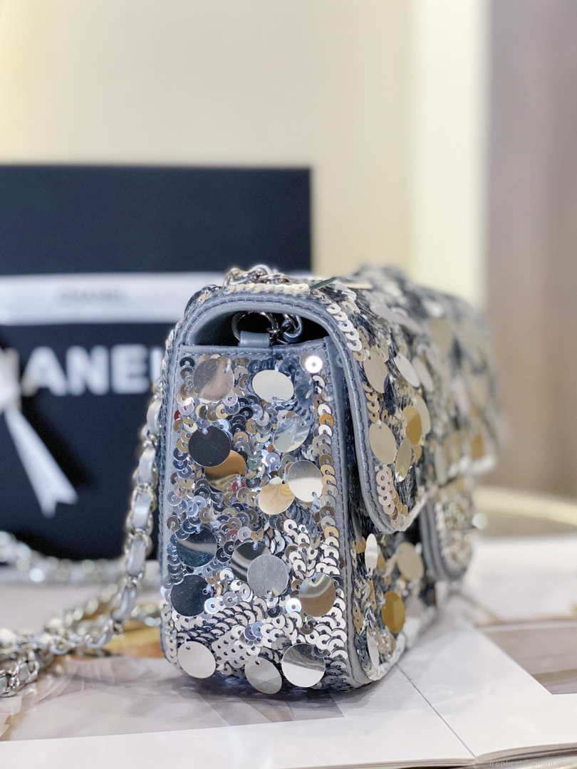 Chanel 23P limited edition new classic CF sequin bag Silver