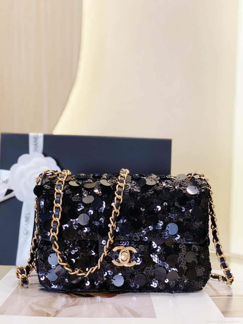 Chanel 23P limited edition new classic CF sequin bag Black