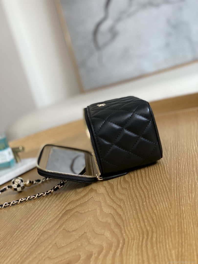 Chanel A81242 Vanity with chain Lambskin Gold football Black