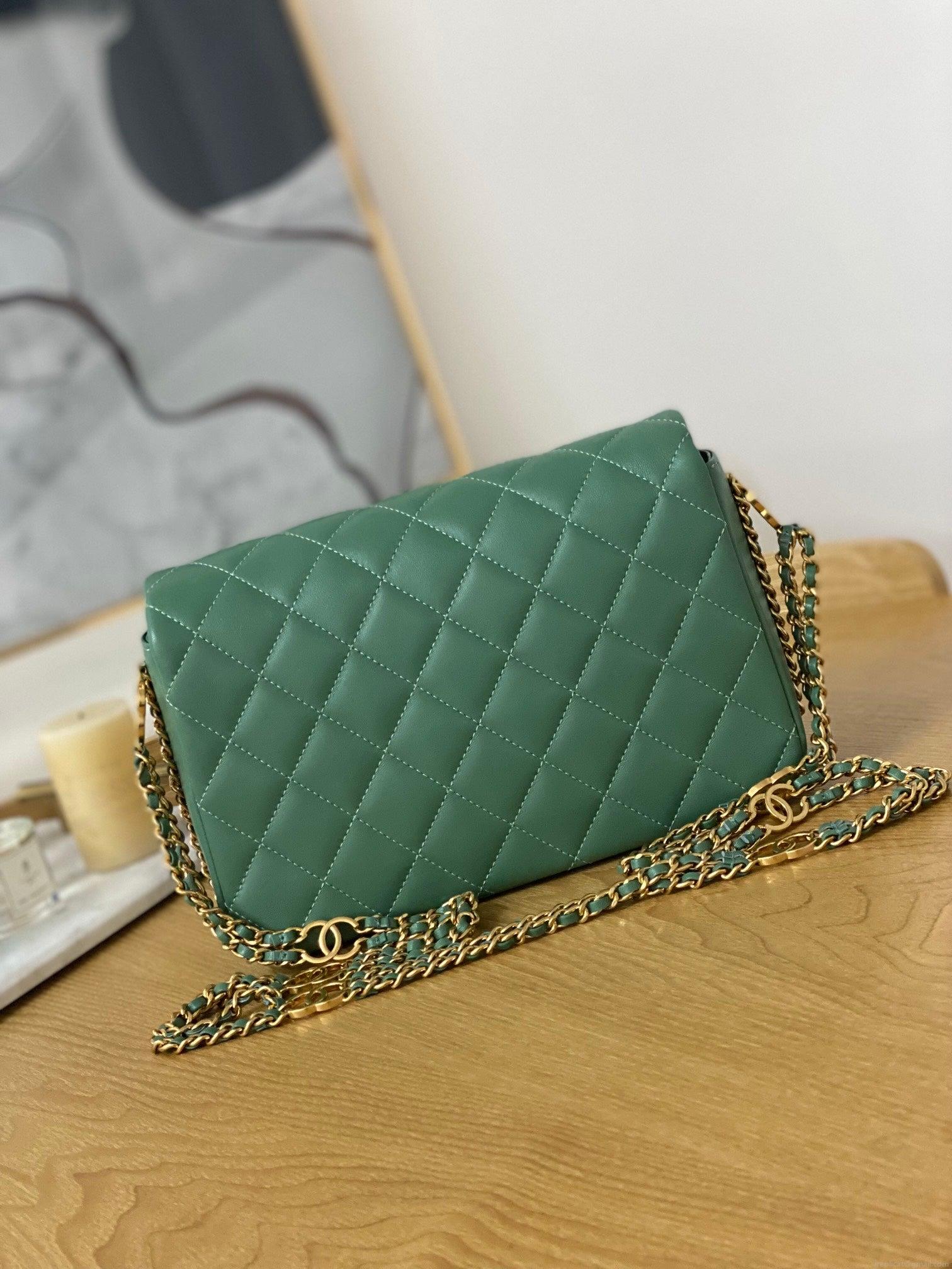 Chanel AS3777 Flap Bag Lambskin & Gold-Tone Metal Green