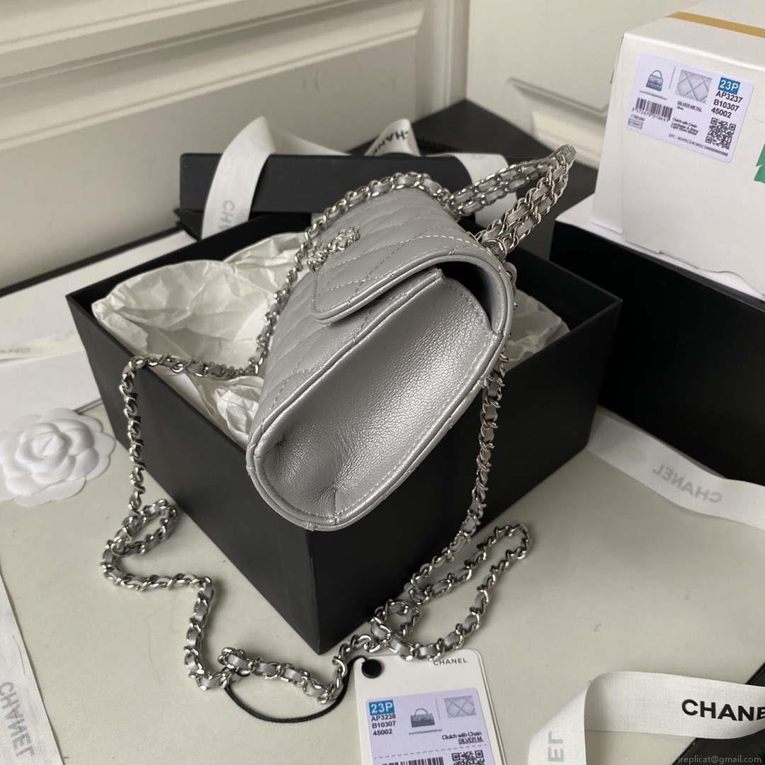 Chanel AP3238 Flap Chain Bag Gray Lambskin Gold With Handle Bag