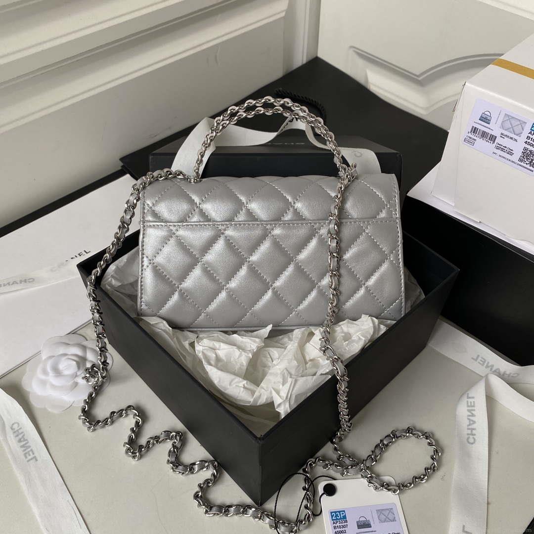 Chanel AP3238 Flap Chain Bag Gray Lambskin Gold With Handle Bag