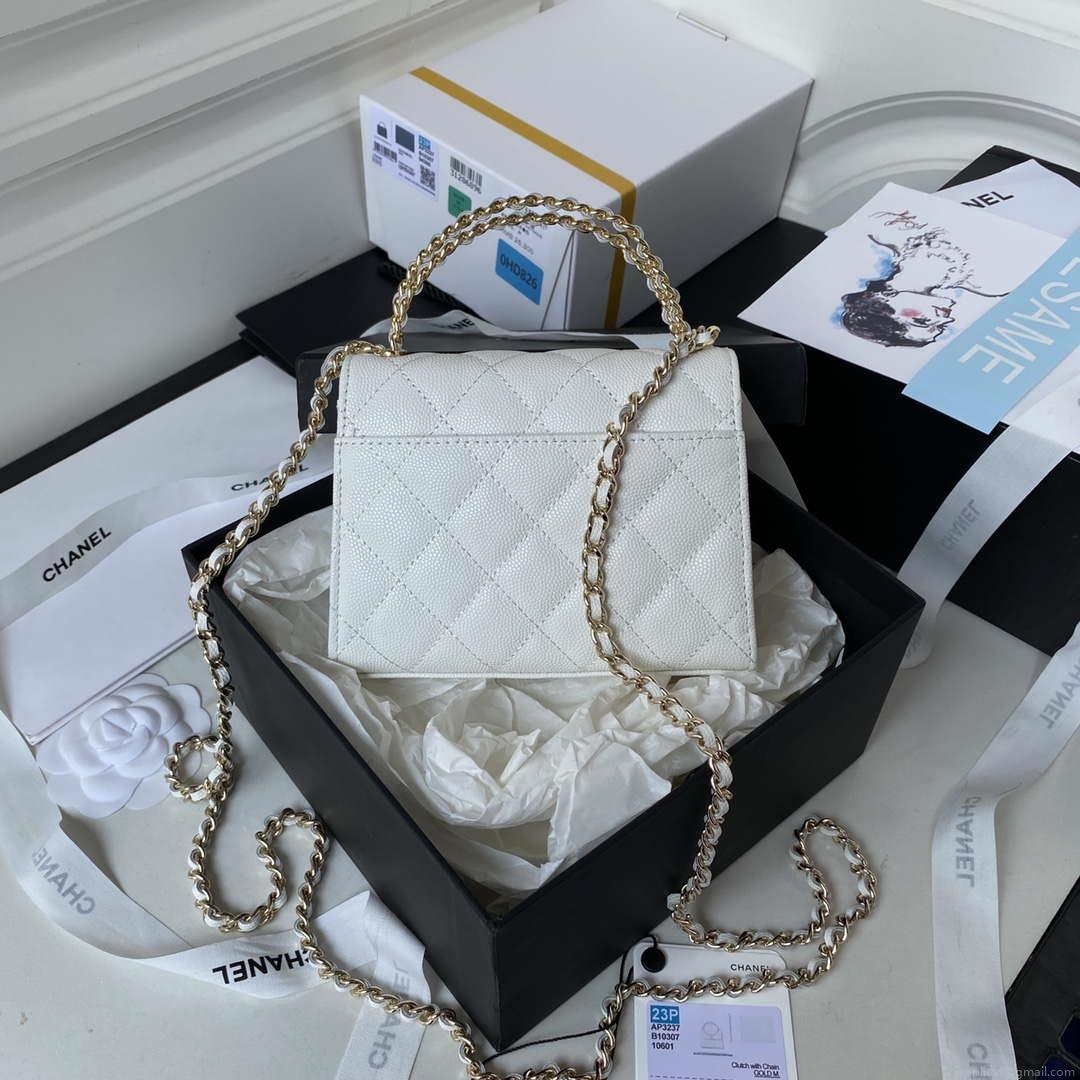 Chanel AP3237 Clutch with chain Grained Shiny Calfskin Gold With Handle Bag White