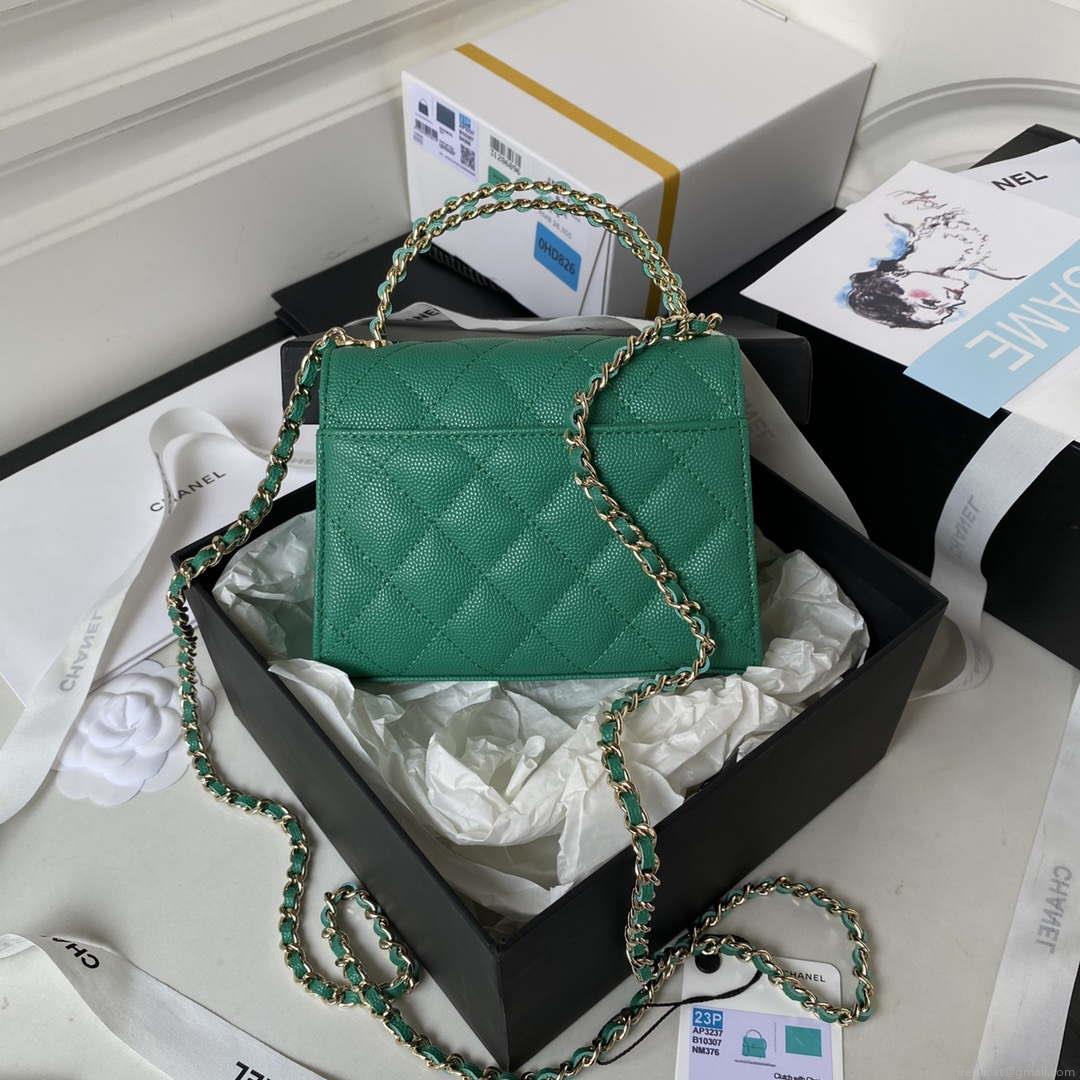 Chanel AP3237 Clutch with chain Grained Shiny Calfskin Gold With Handle Bag Green