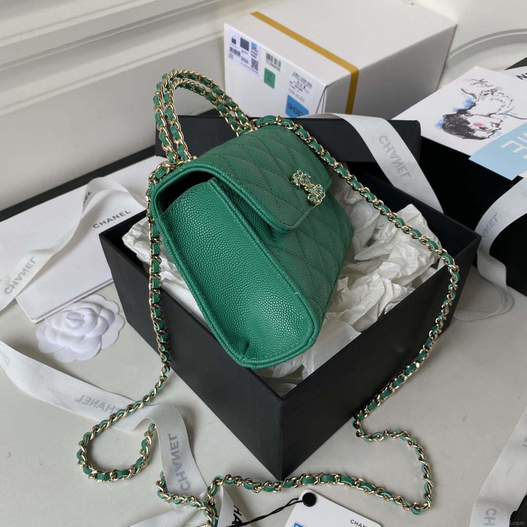 Chanel AP3237 Clutch with chain Grained Shiny Calfskin Gold With Handle Bag Green