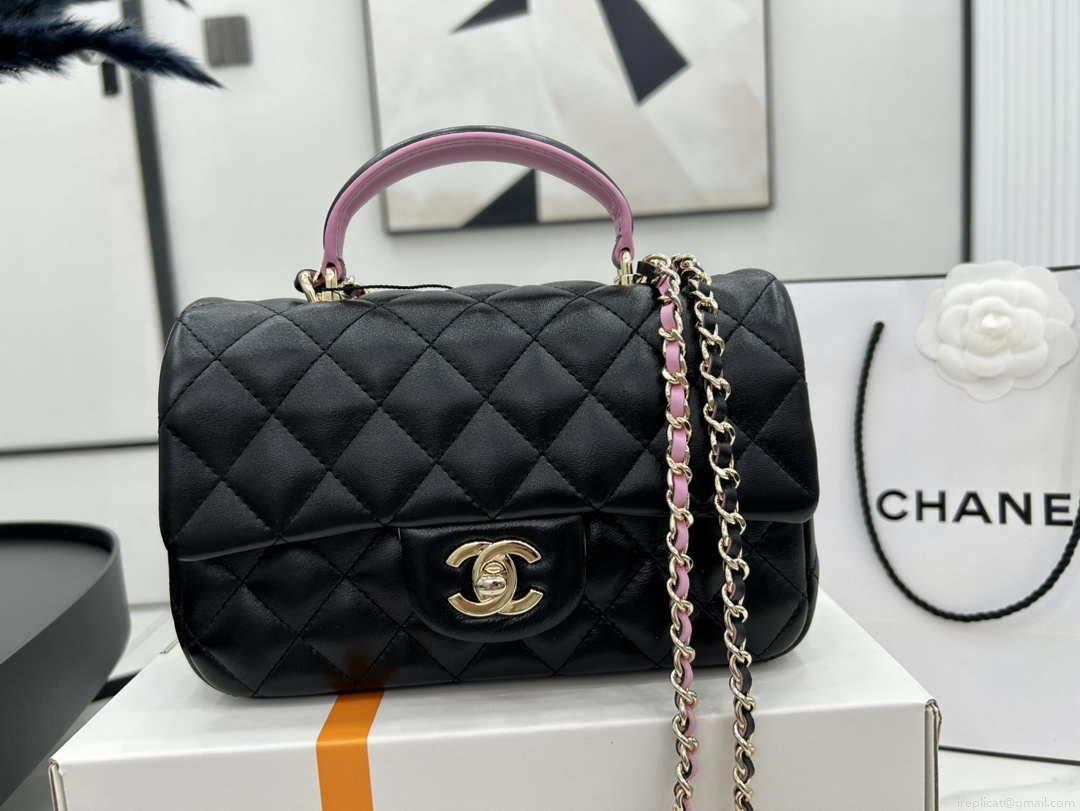 Chanel AS2431 Mini flap Black with Pink Lambskin bag with top handle Gold