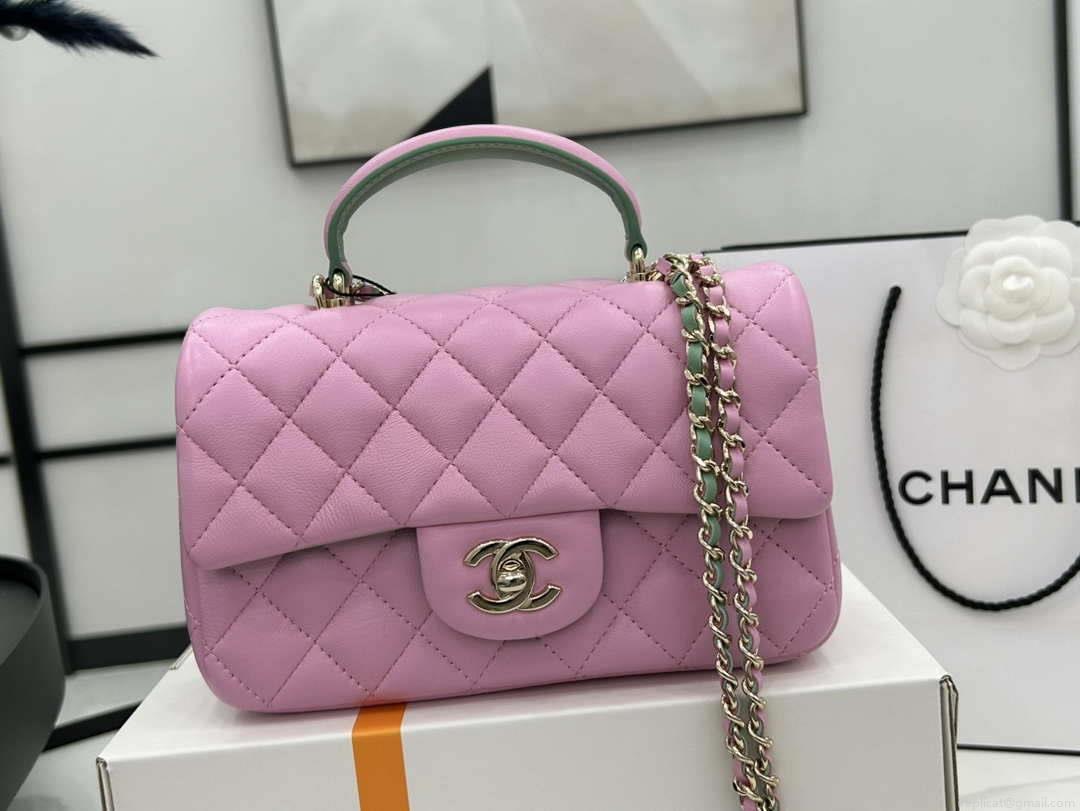 Chanel AS2431 Mini flap Pink with Green Lambskin bag with top handle Gold