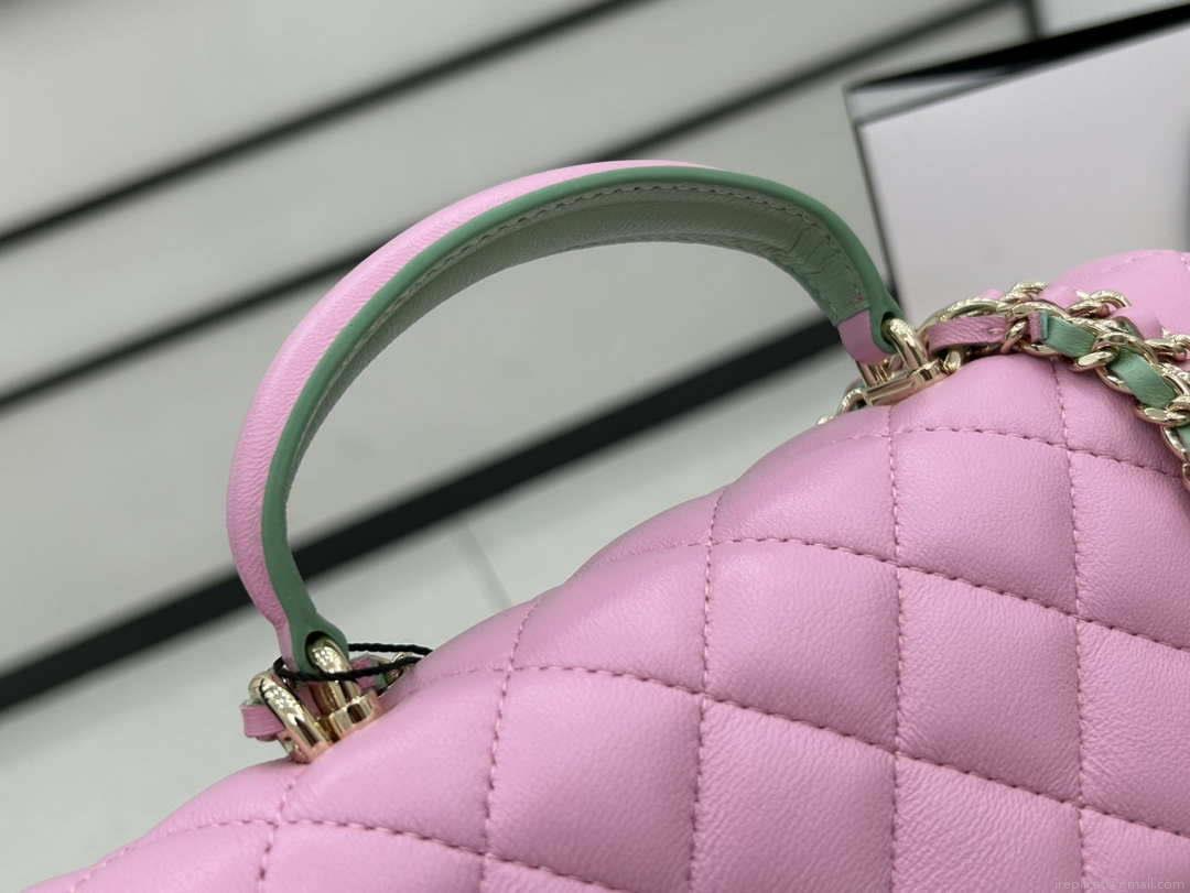 Chanel AS2431 Mini flap Pink with Green Lambskin bag with top handle Gold