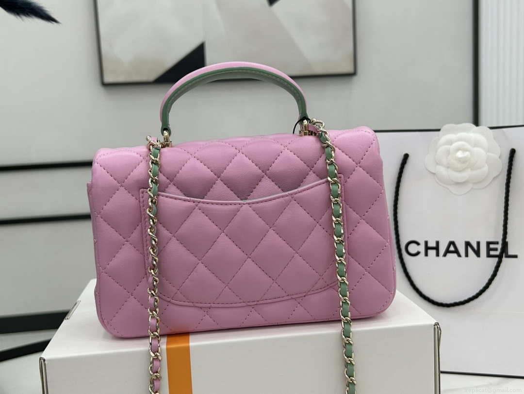 Chanel AS2431 Mini flap Pink with Green Lambskin bag with top handle Gold