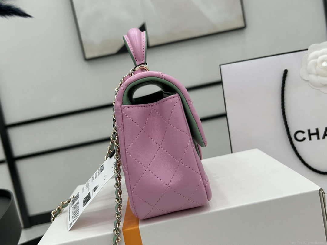 Chanel AS2431 Mini flap Pink with Green Lambskin bag with top handle Gold
