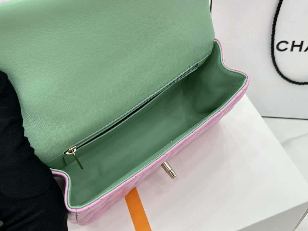 Chanel AS2431 Mini flap Pink with Green Lambskin bag with top handle Gold