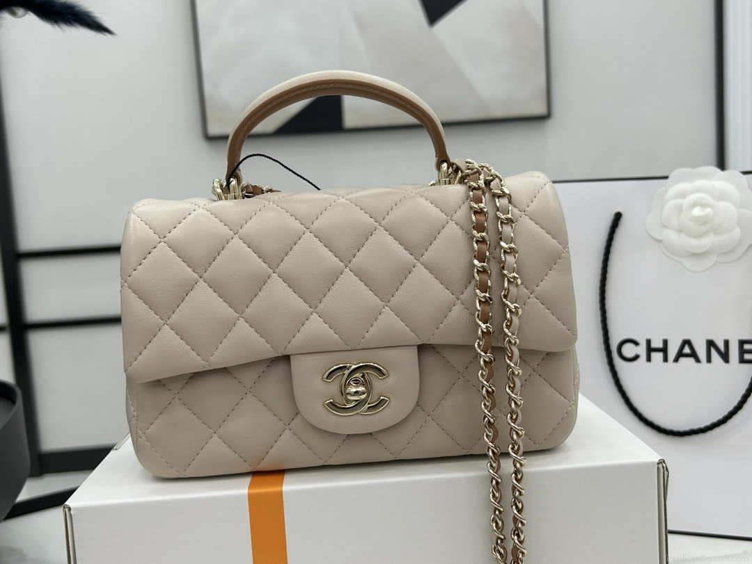 Chanel AS2431 Mini flap Apricot with Brown Lambskin bag with top handle Gold