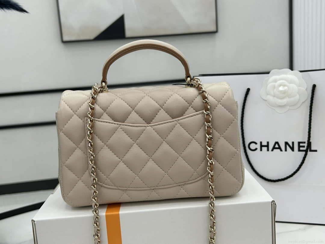 Chanel AS2431 Mini flap Apricot with Brown Lambskin bag with top handle Gold